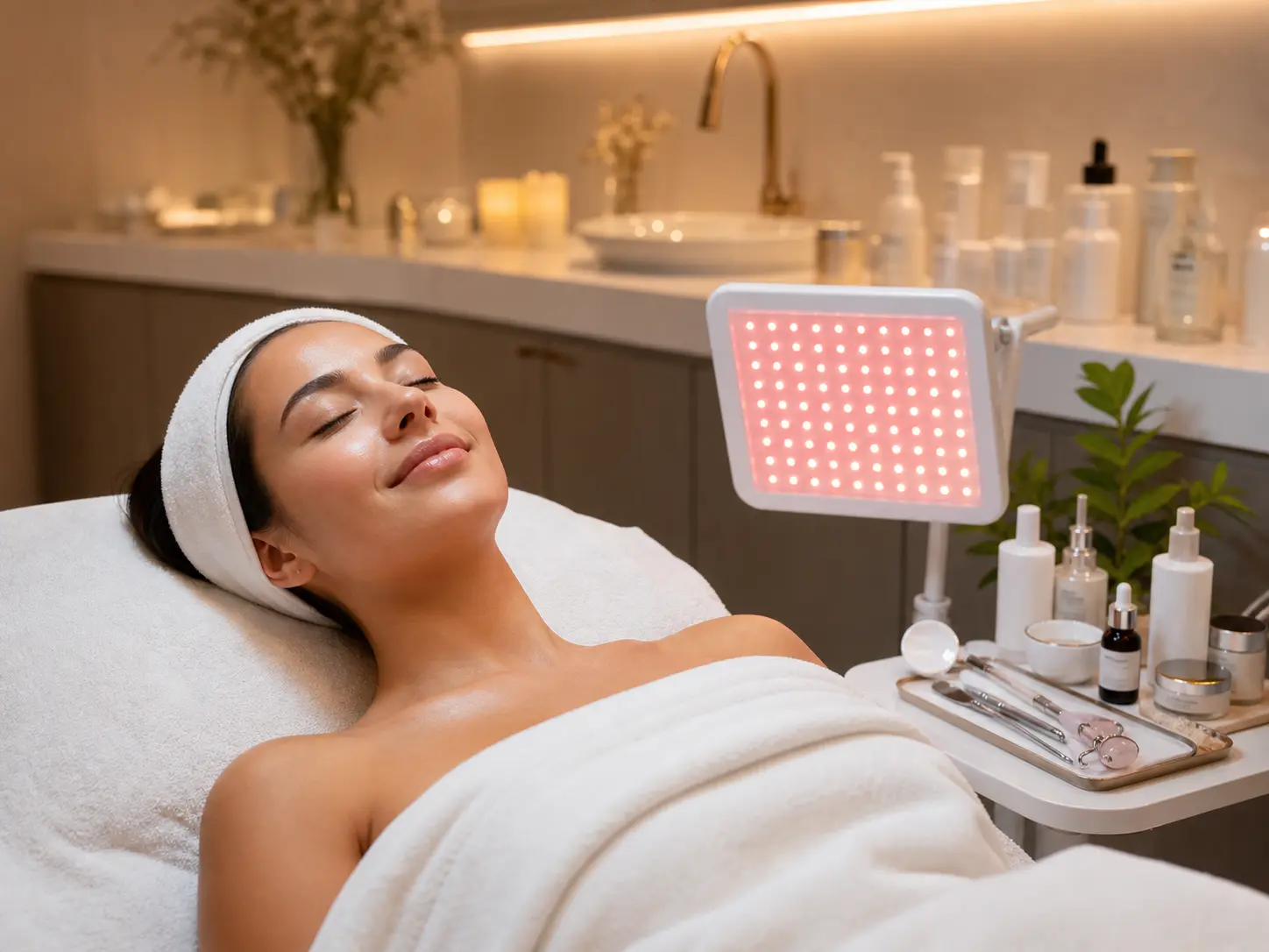Glow facial package with LED therapy and skincare products