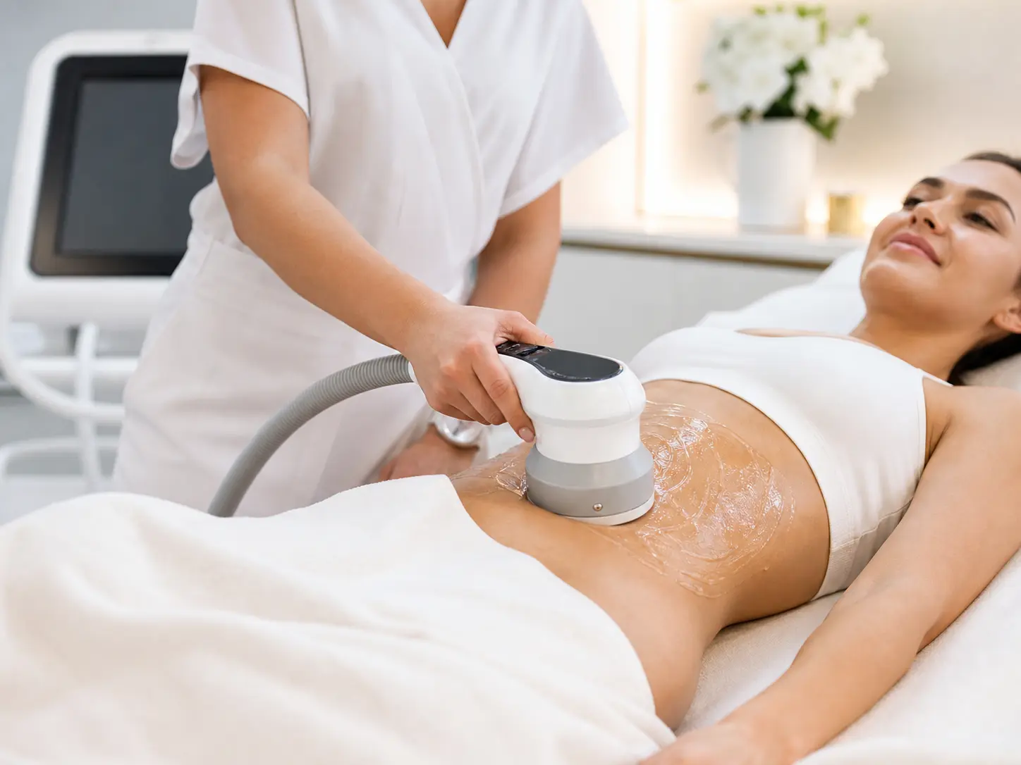 Non-invasive body contouring applicator used on the waist
