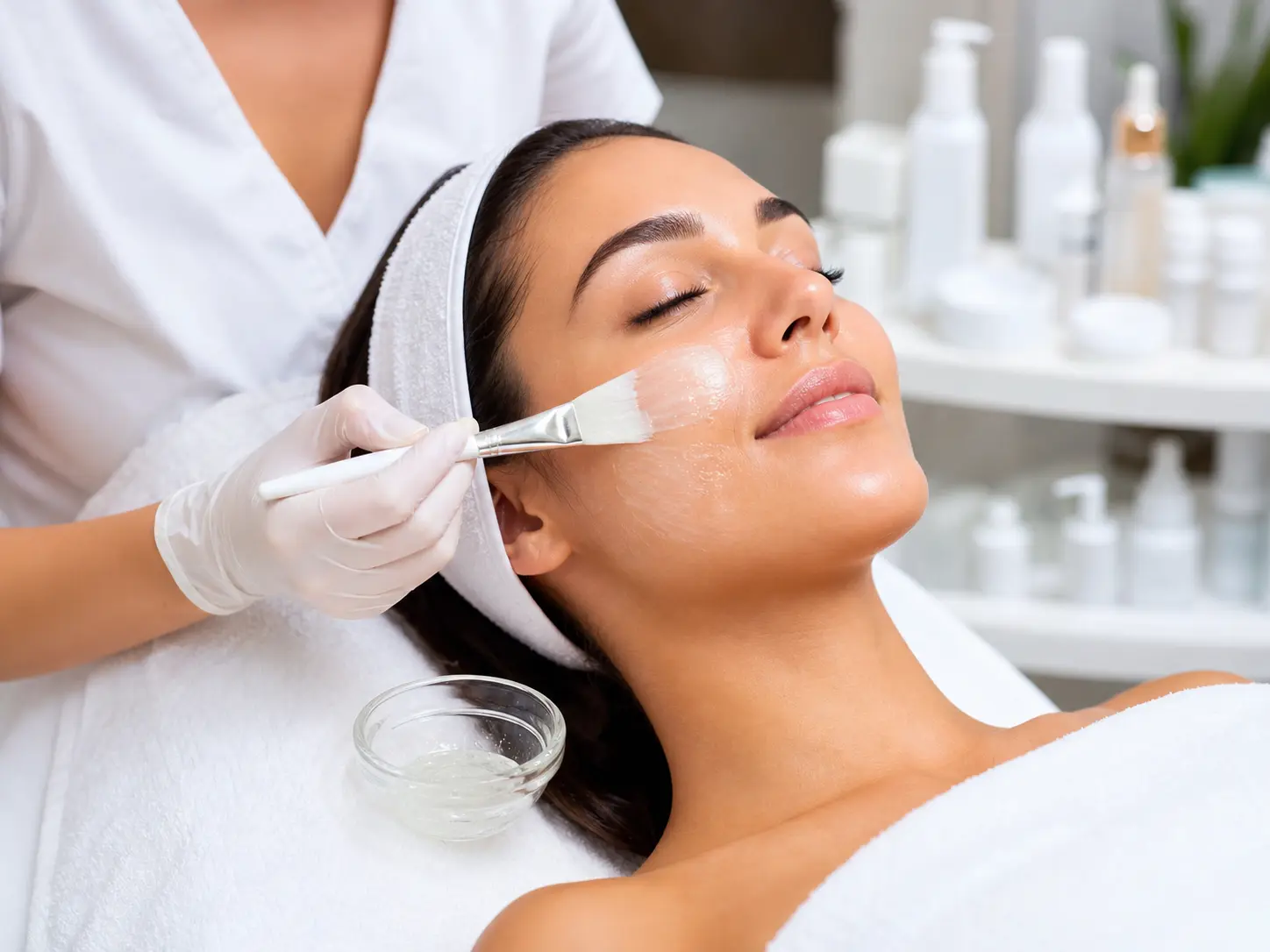 Brightening serum applied during a non-invasive facial treatment