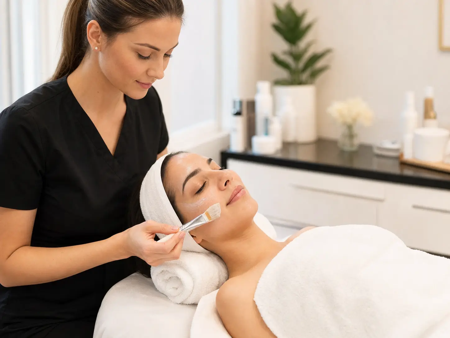 Aesthetician performing a non-invasive glow facial