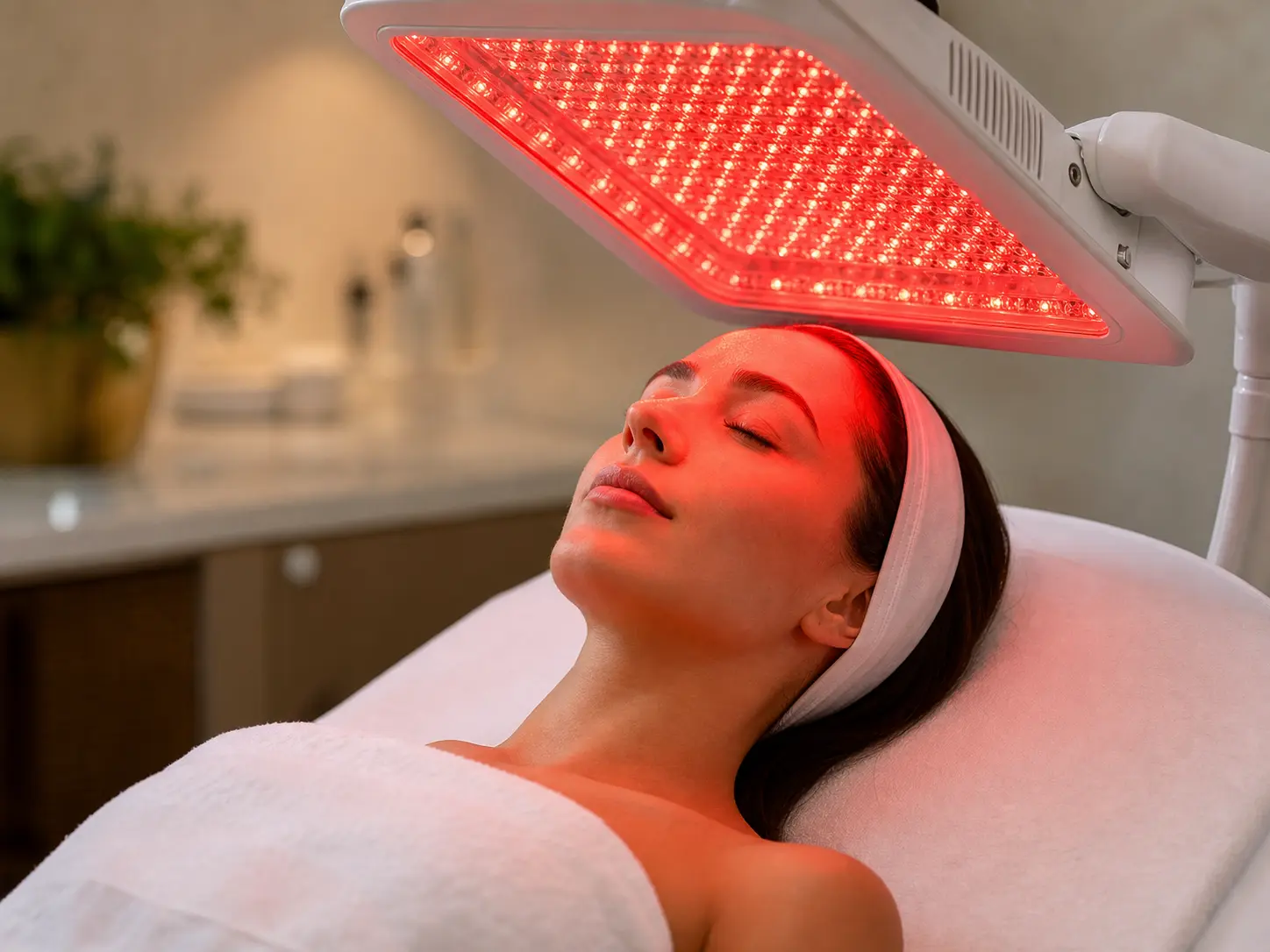 Client relaxing under red LED skin therapy lights