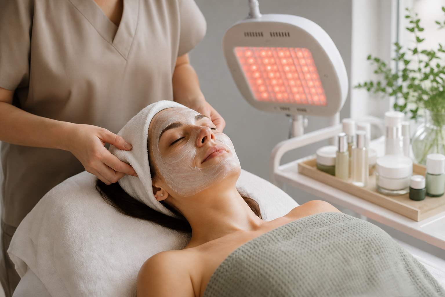 Client receiving a relaxing non-invasive facial treatment